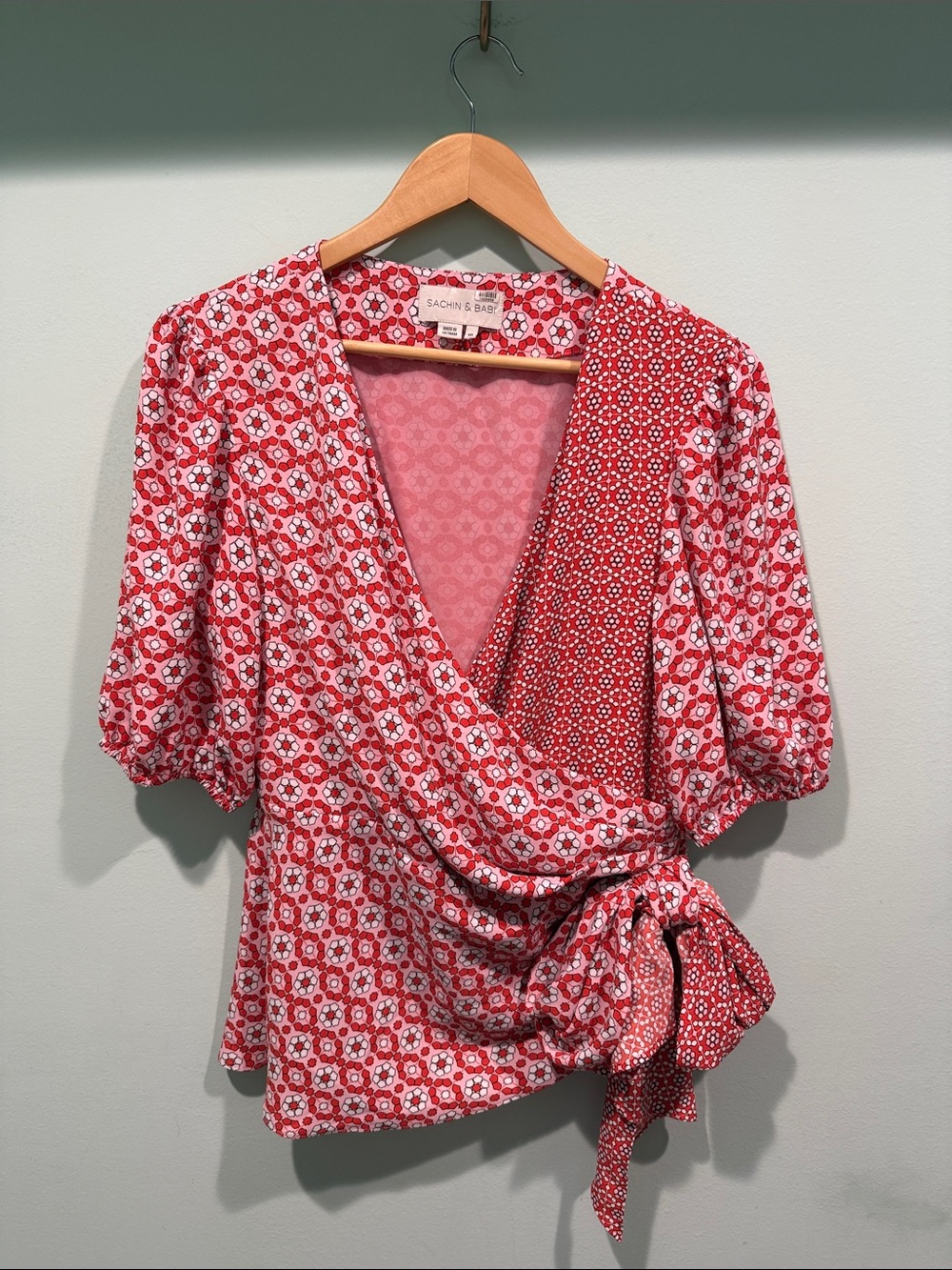 Sachin + Babi Red Printed Wrap Blouse with Puff Sleeves